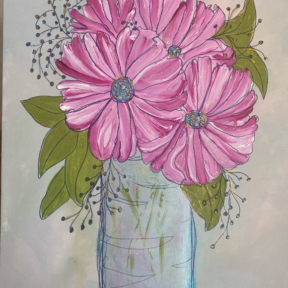 Floral Mixed Media Art with Pink Blooms 18 X 24 inches. Ready to hang - Picture 2 of 8